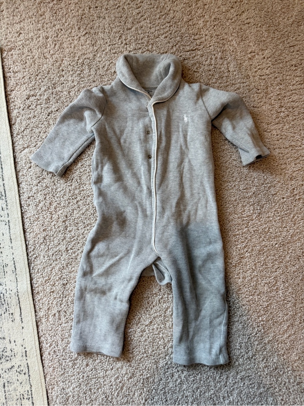 Ralph Lauren Light Gray Knit Baby One-Piece with Shawl Collar